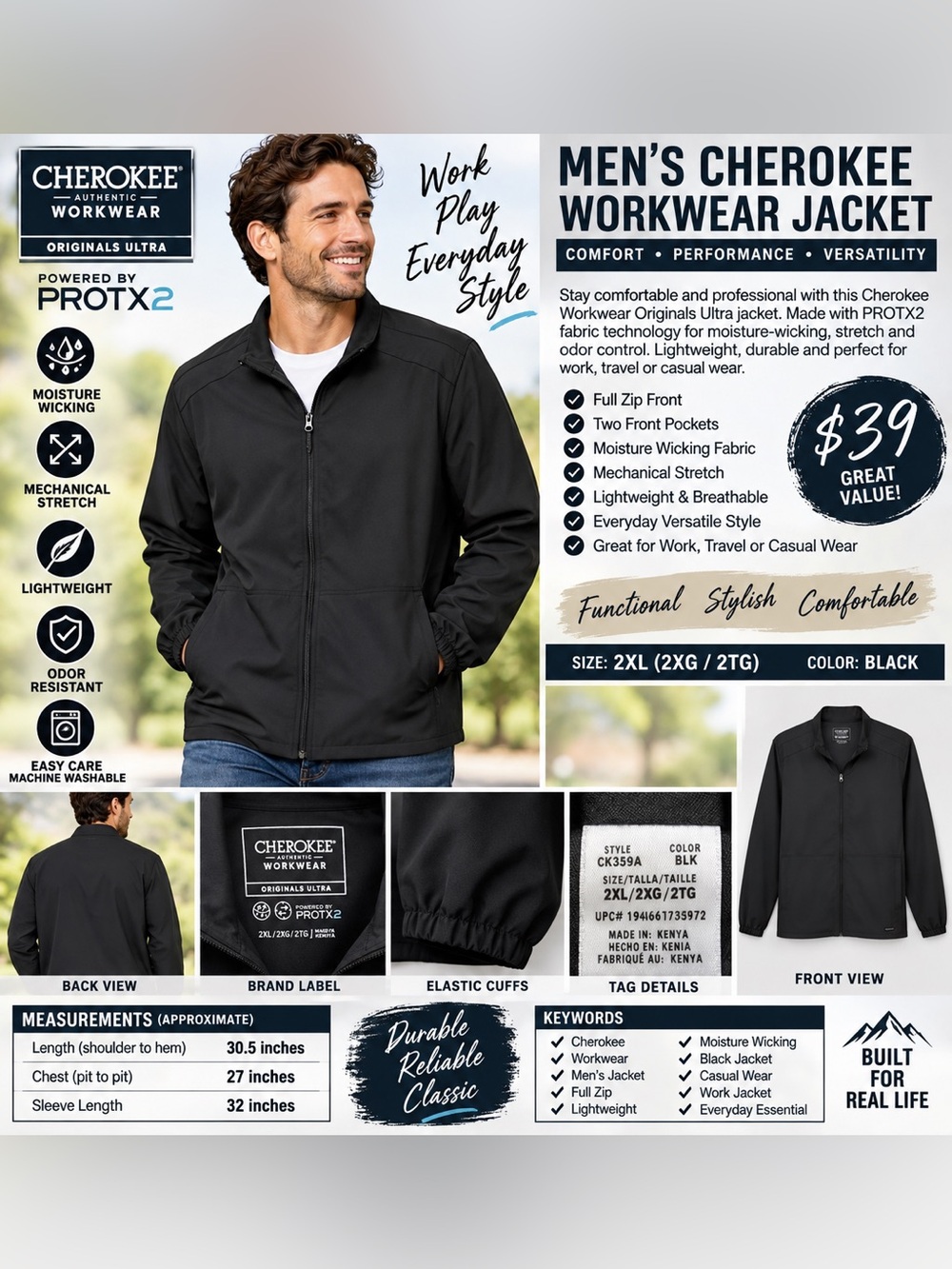 Cherokee Men’s Black Full-Zip Windbreaker Jacket